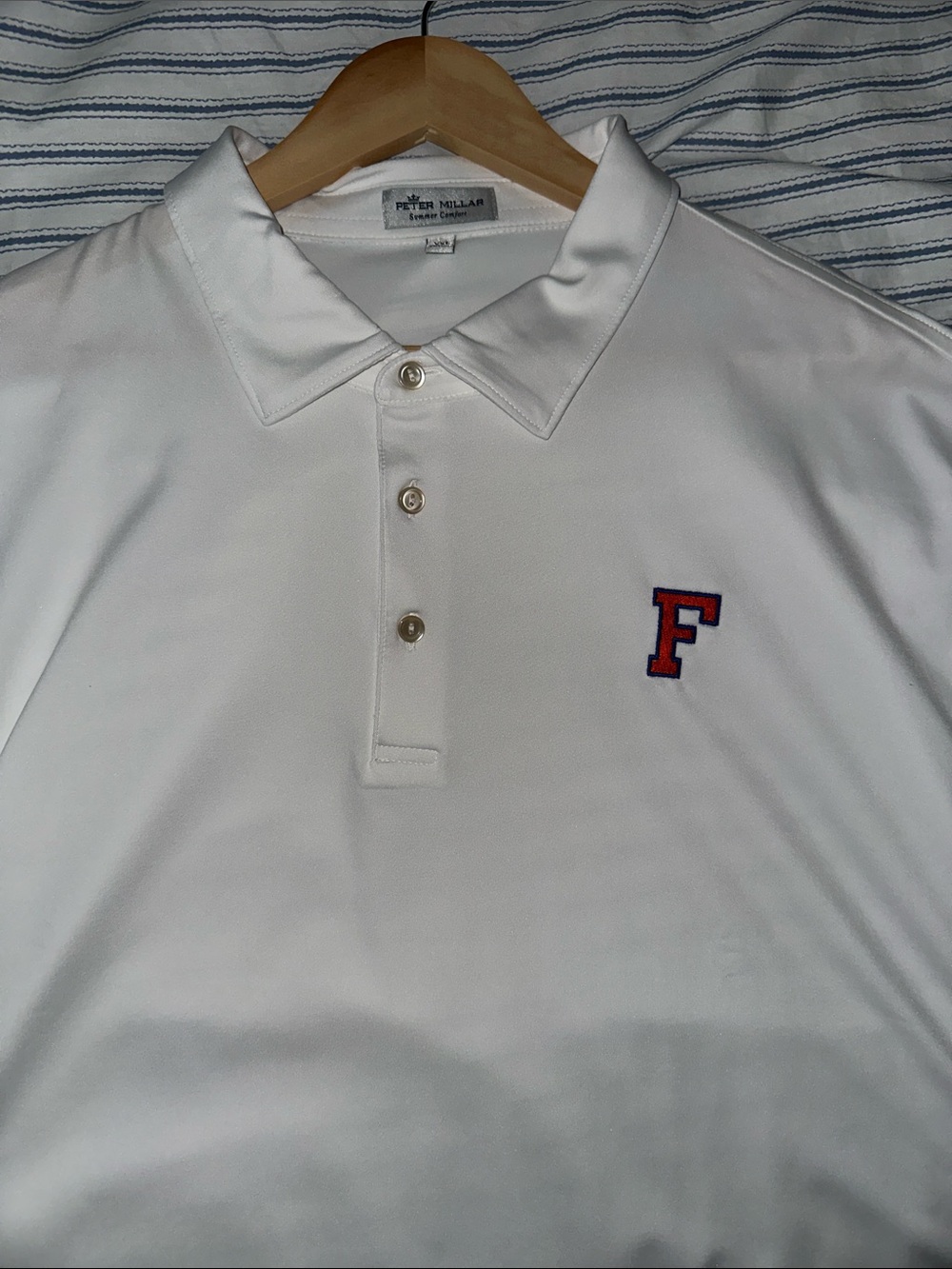 Peter Millar White Men’s Polo with Orange/Blue 'F' Embroidery Florida Gators